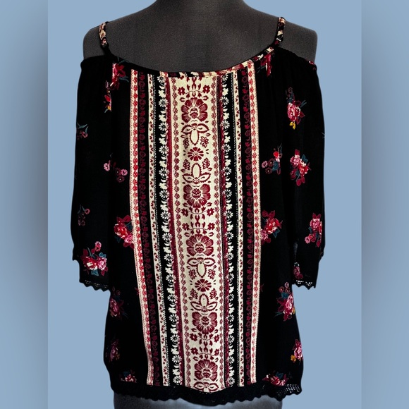 Angie Black Print Cold Shoulder & Lace Bodice Bohemian Top Size M - Picture 3 of 7